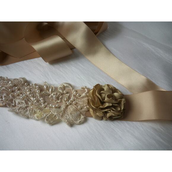 Champaign Pearl Lace Floral Wedding Prom MOB Party Belt Sash - Picture 3 of 6